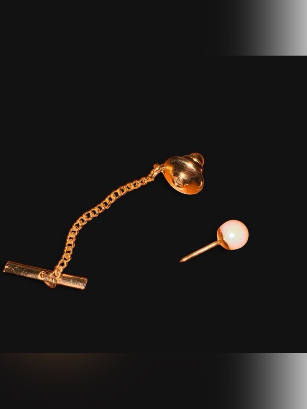 Tone Gold  Chain Tie Tack and 14k gold Pearl Lapel Pin Set